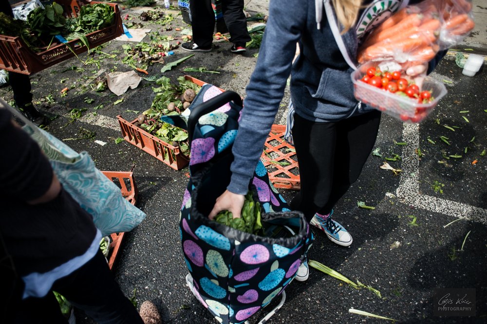 Volunteer from FoodCycle LSE Hub collects surplus food from the farmers' market at Angle, Islington, London